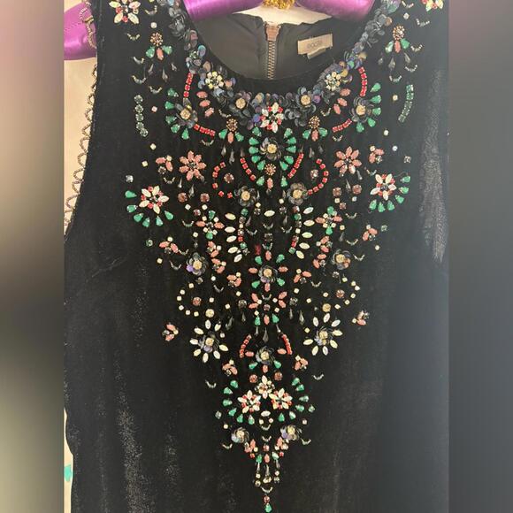 Retro Black Velvet Beaded Jeweled Sleeveless Cut Out Back Mini Shift Dress SizeL - Picture 10 of 15